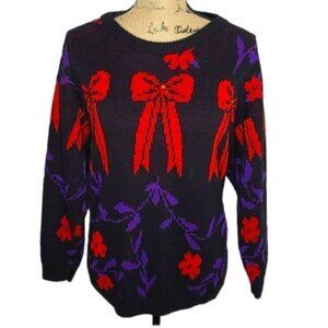 Vintage 80s Red Bow Rhinestone Fun Colorful Sweater Purple